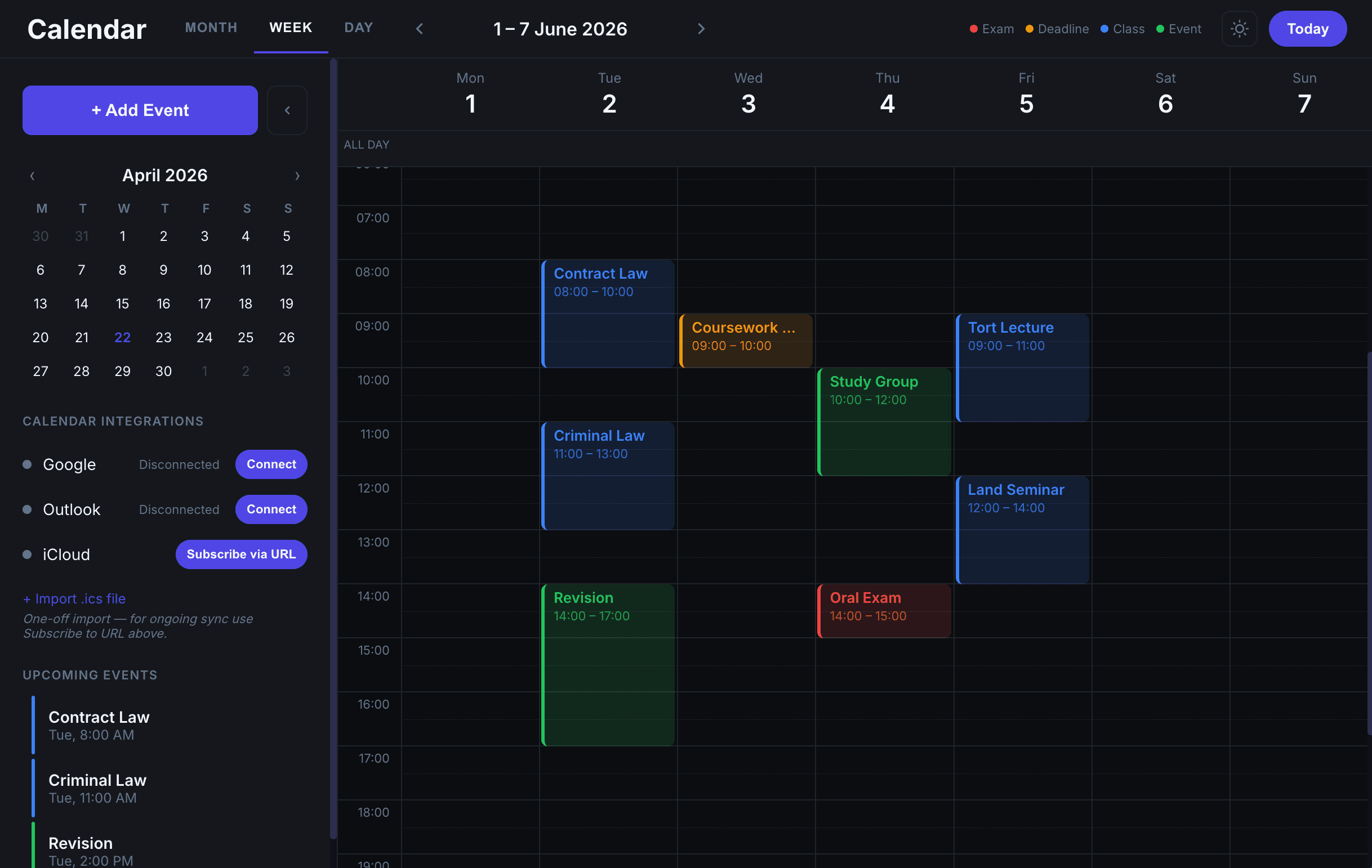 Calendar week view showing lectures, study groups, and events