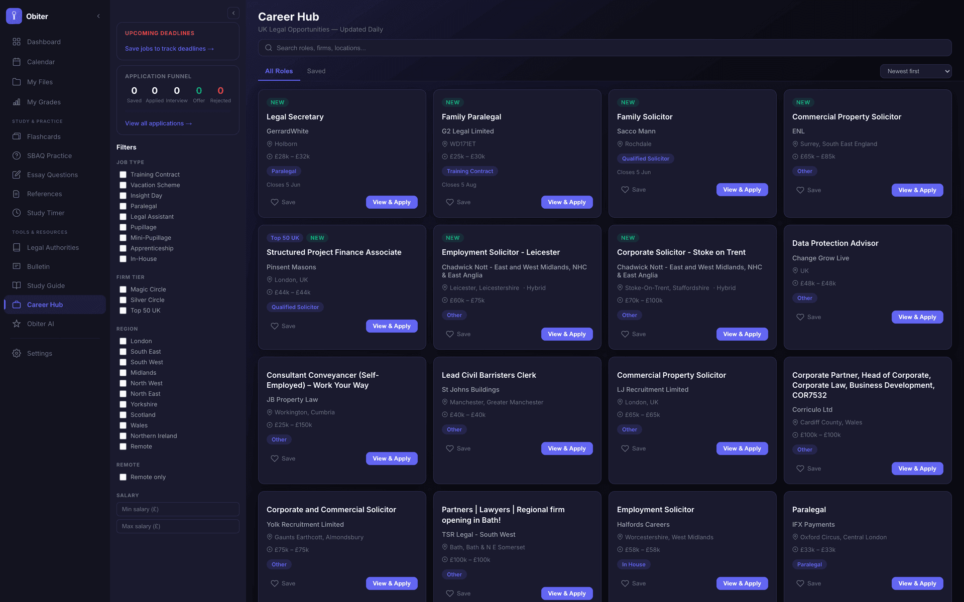 Career Hub showing roles grid and application tracker
