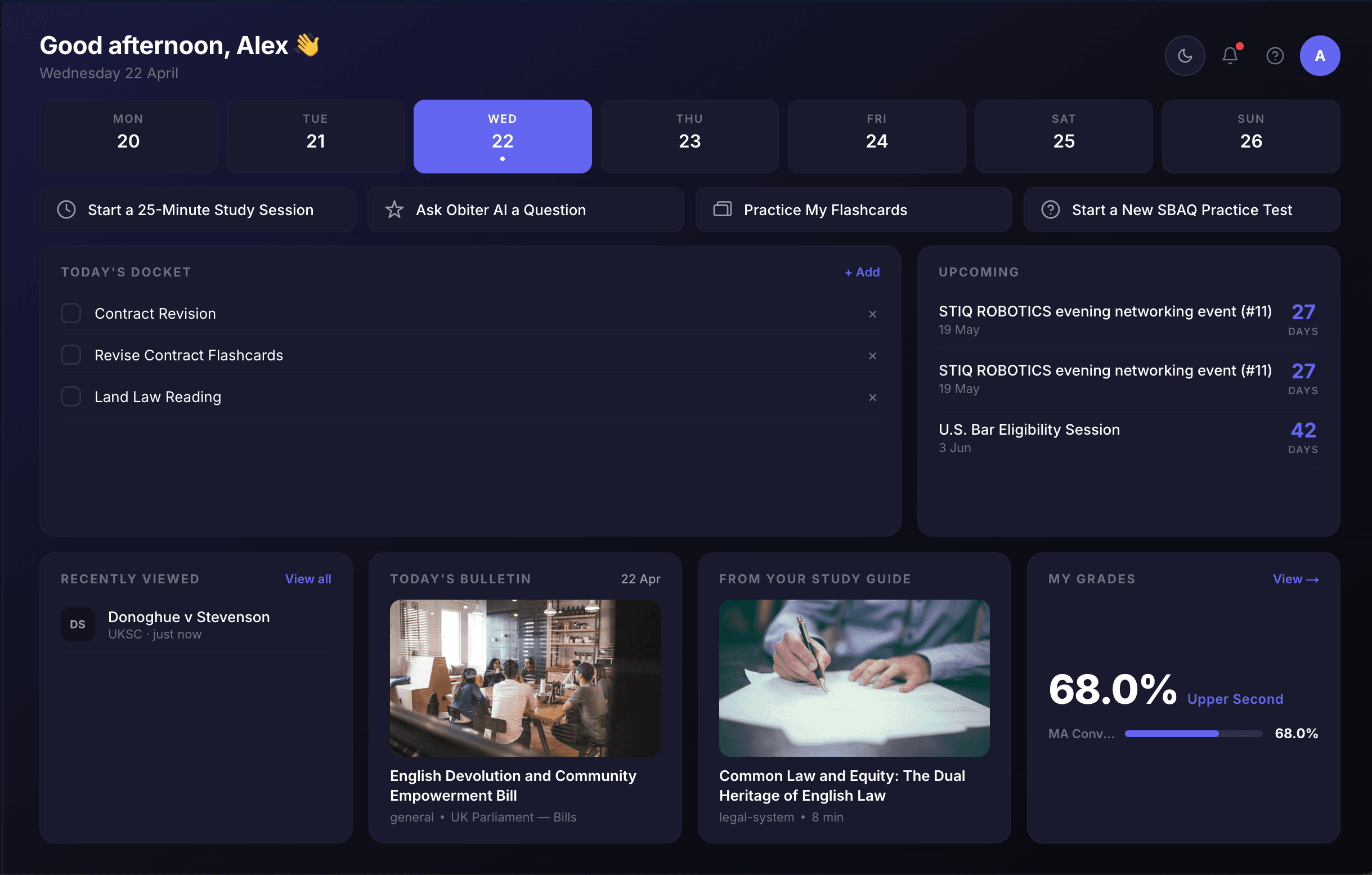 Obiter dashboard with study tools and progress tracking