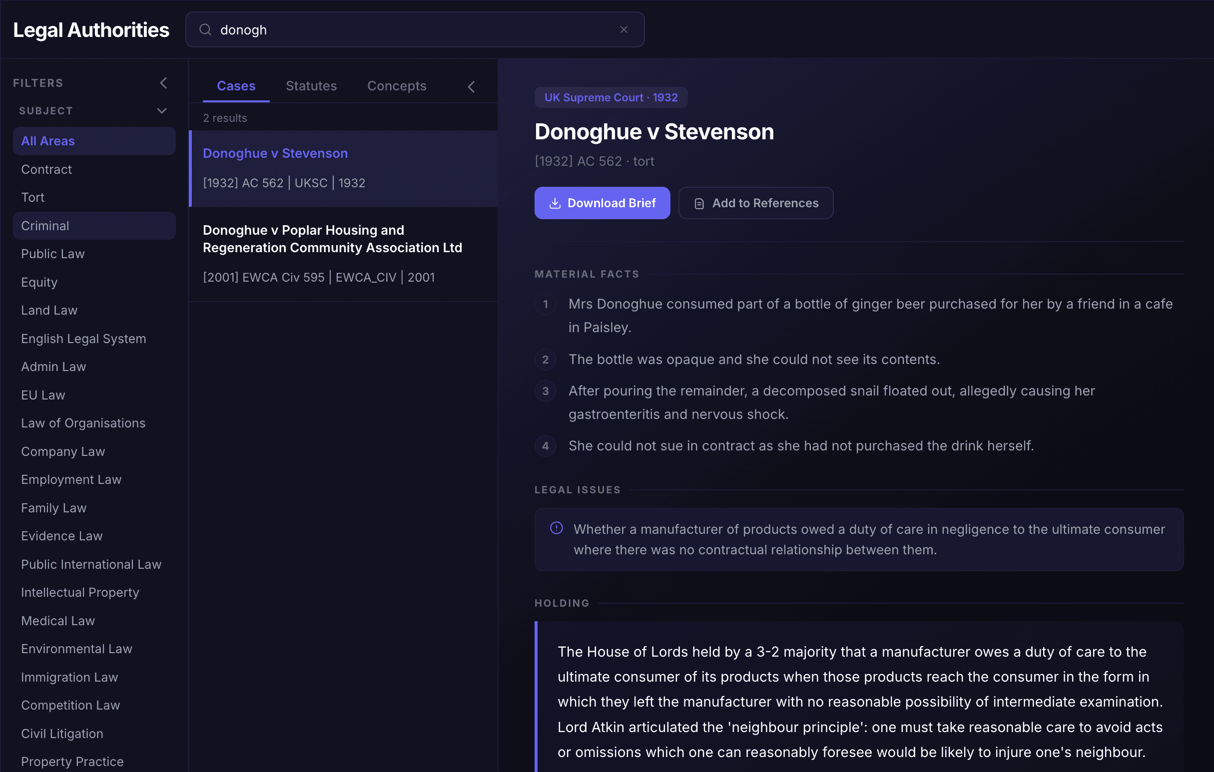 Legal Authorities showing case list with Donoghue v Stevenson detail pane