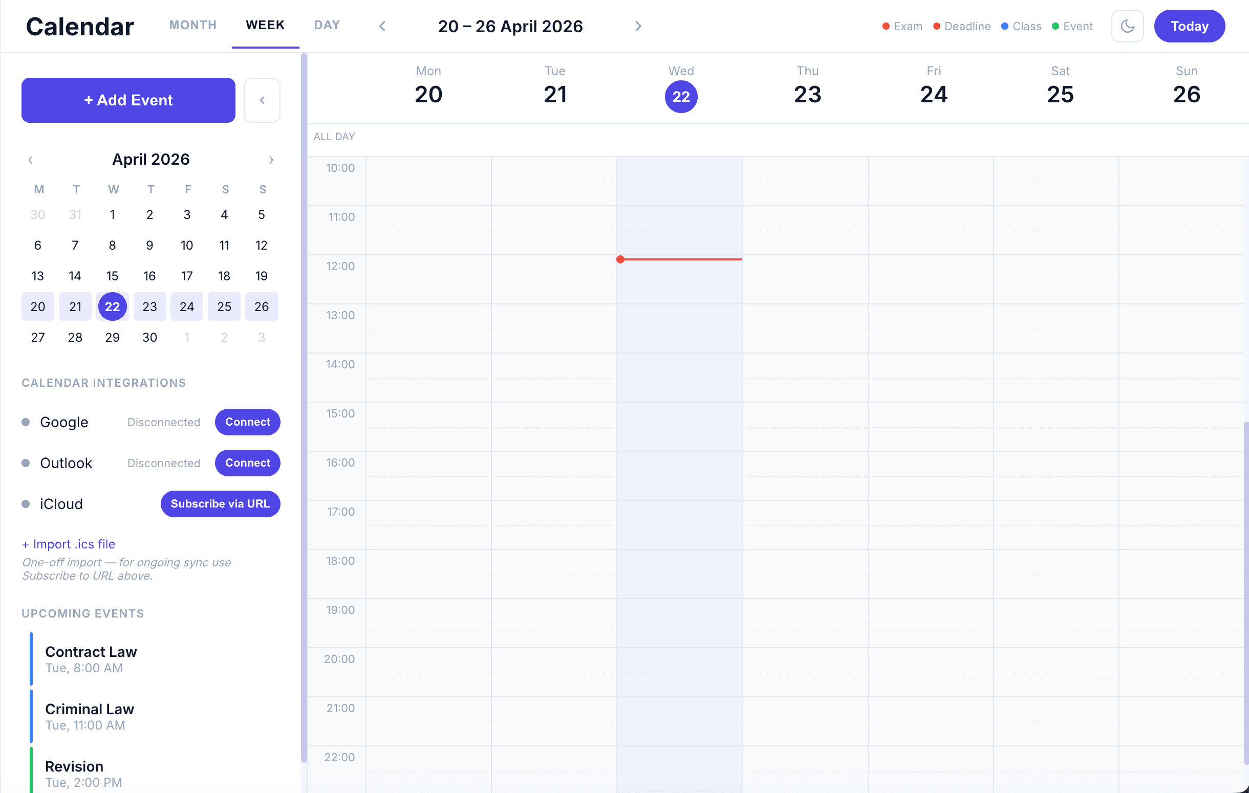 Calendar week view showing lectures, study groups, and events