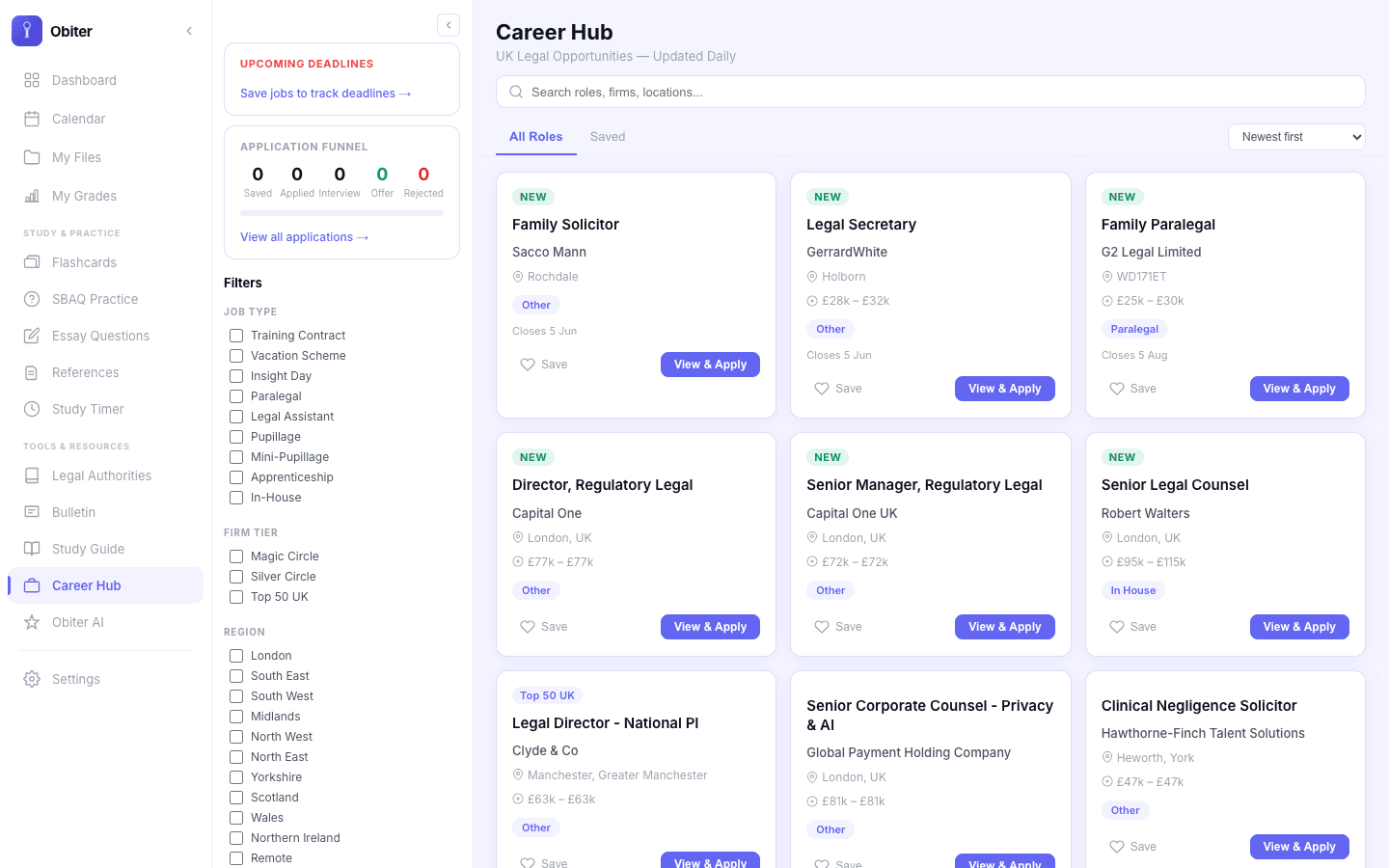 Career Hub showing roles grid and application tracker