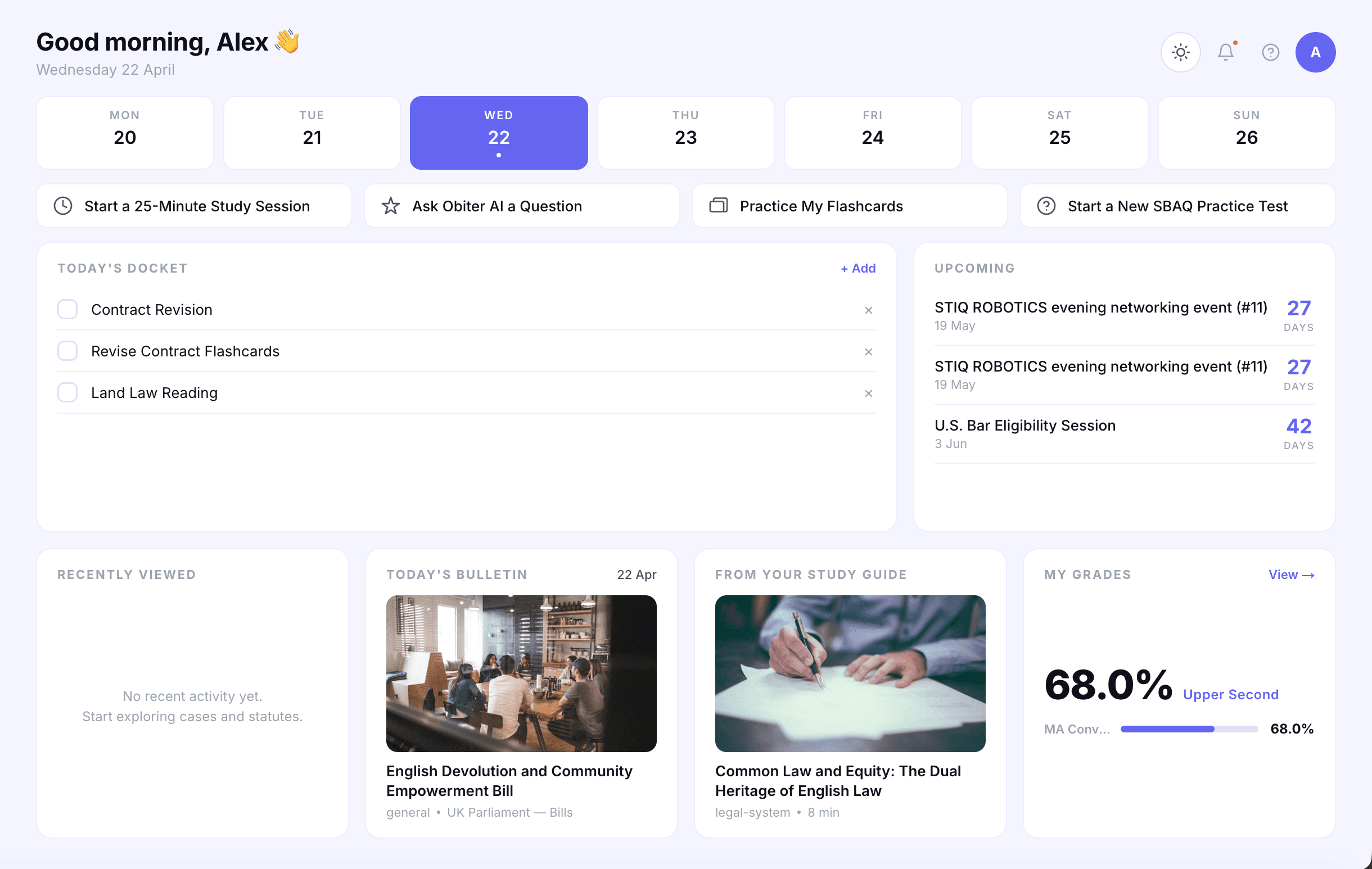 Obiter dashboard with study tools and progress tracking