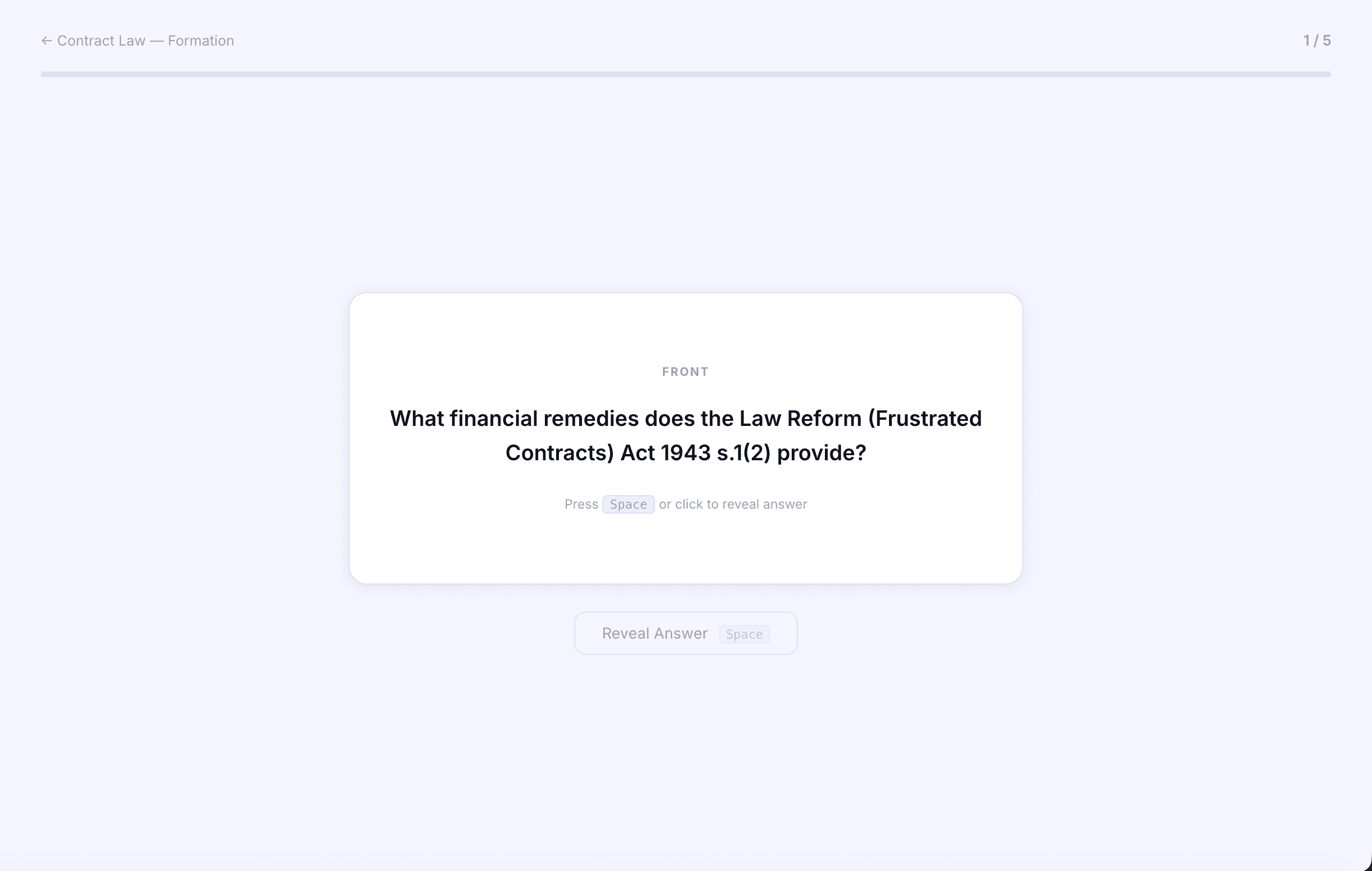 Flashcard study mode showing a contract law question