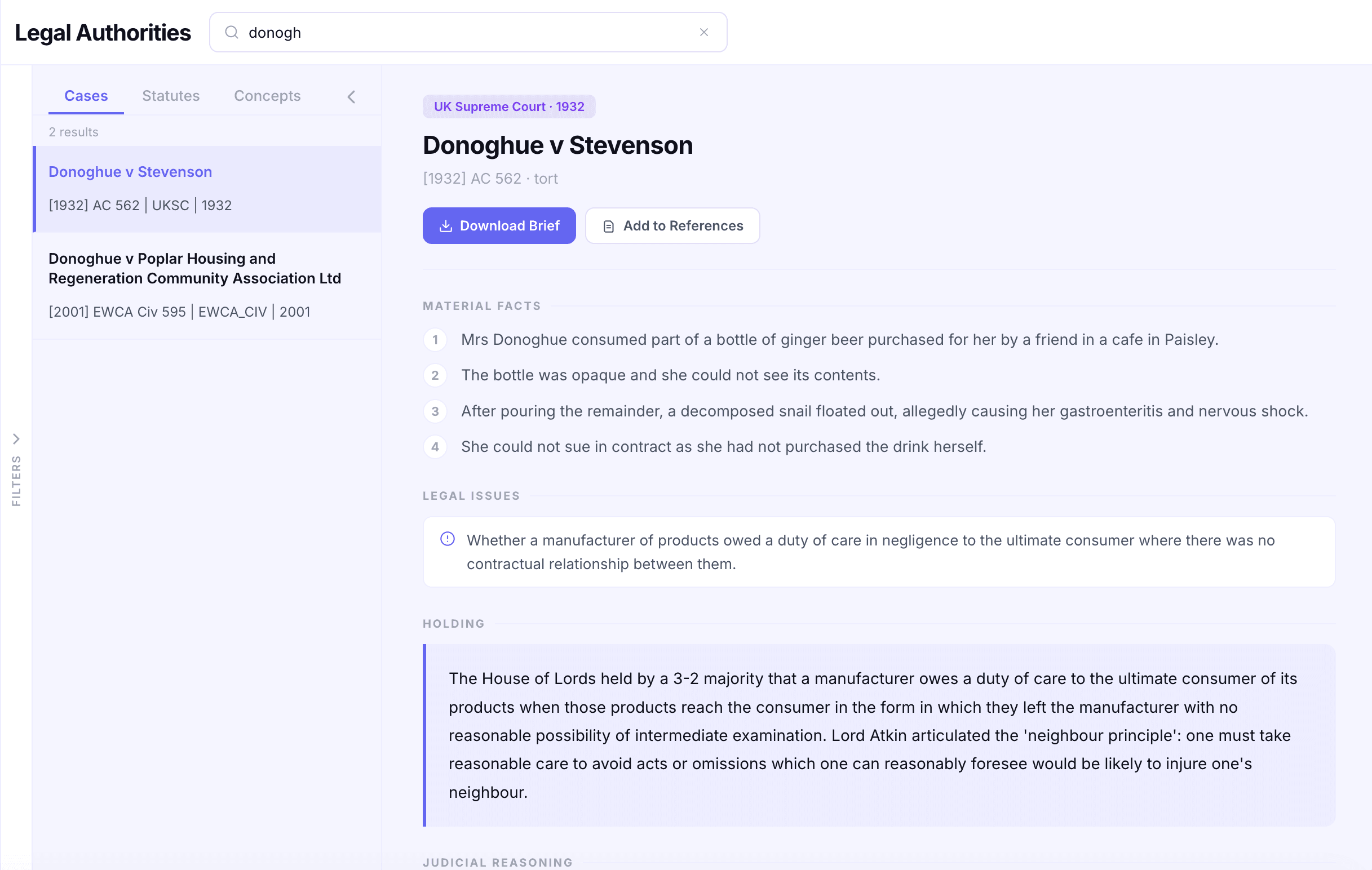 Legal Authorities showing case list with Donoghue v Stevenson detail pane