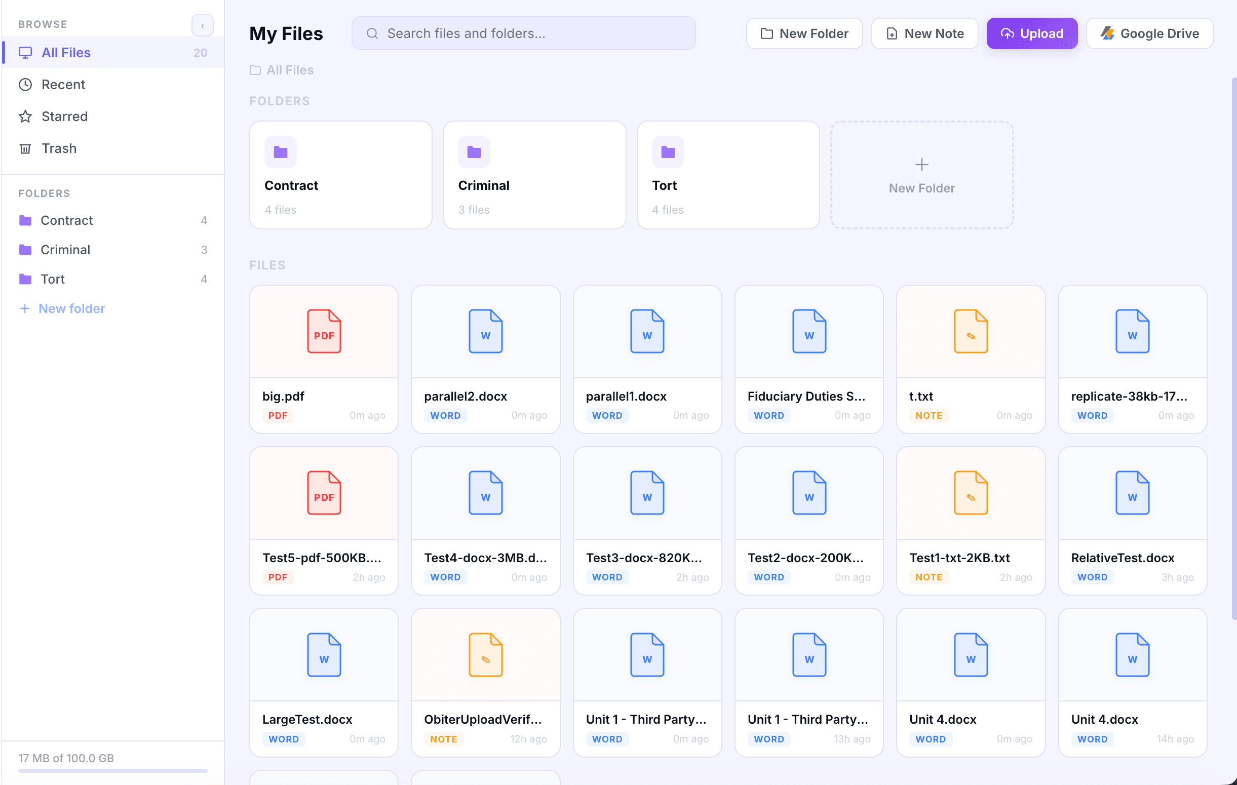 My Files showing folders and uploaded documents