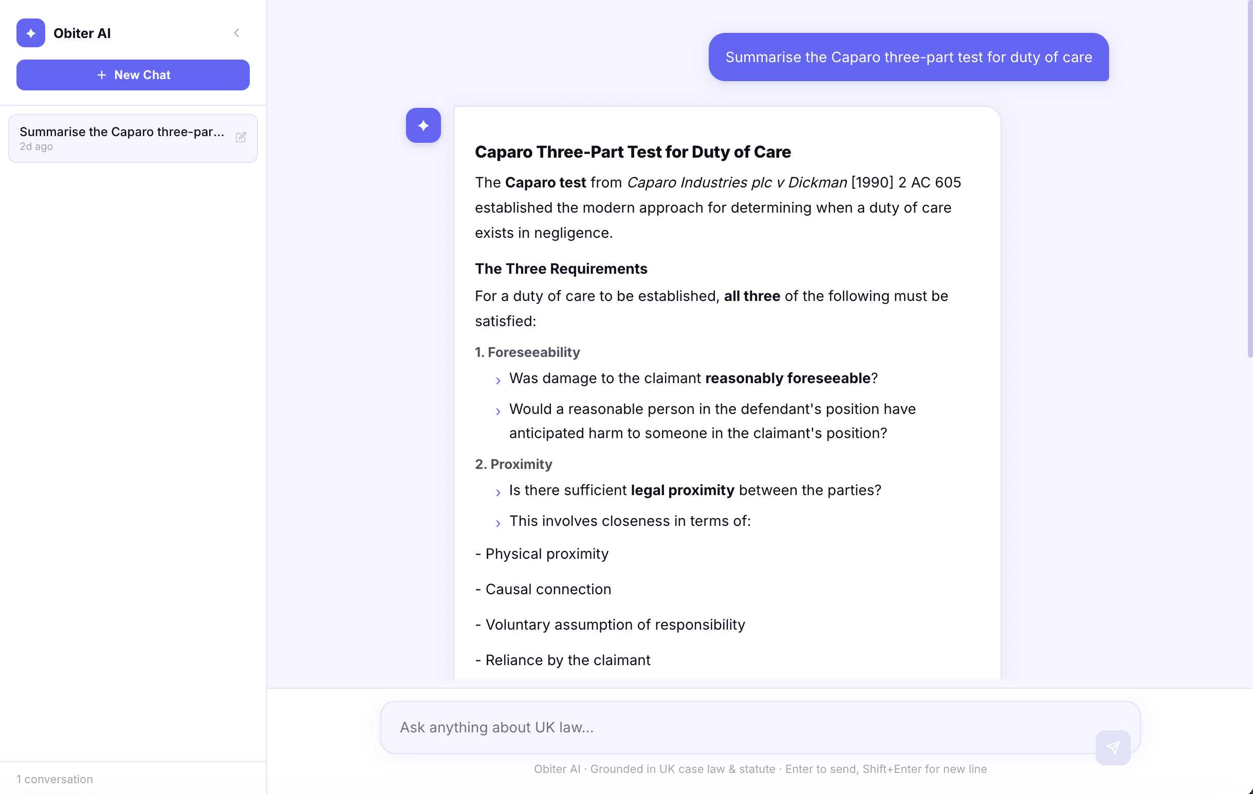 Obiter AI chat with grounded answer and visible citations