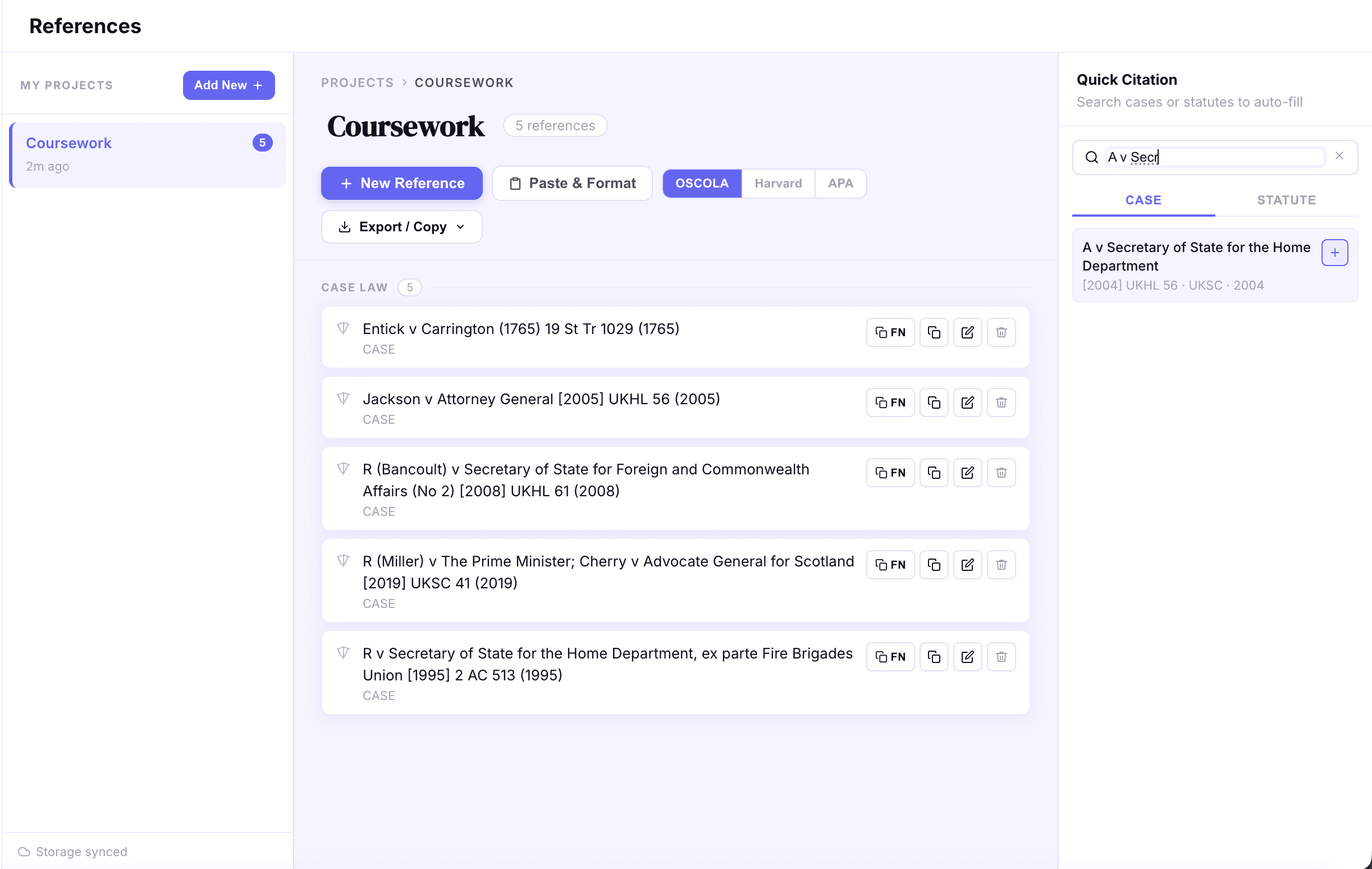 References manager with OSCOLA formatted entries