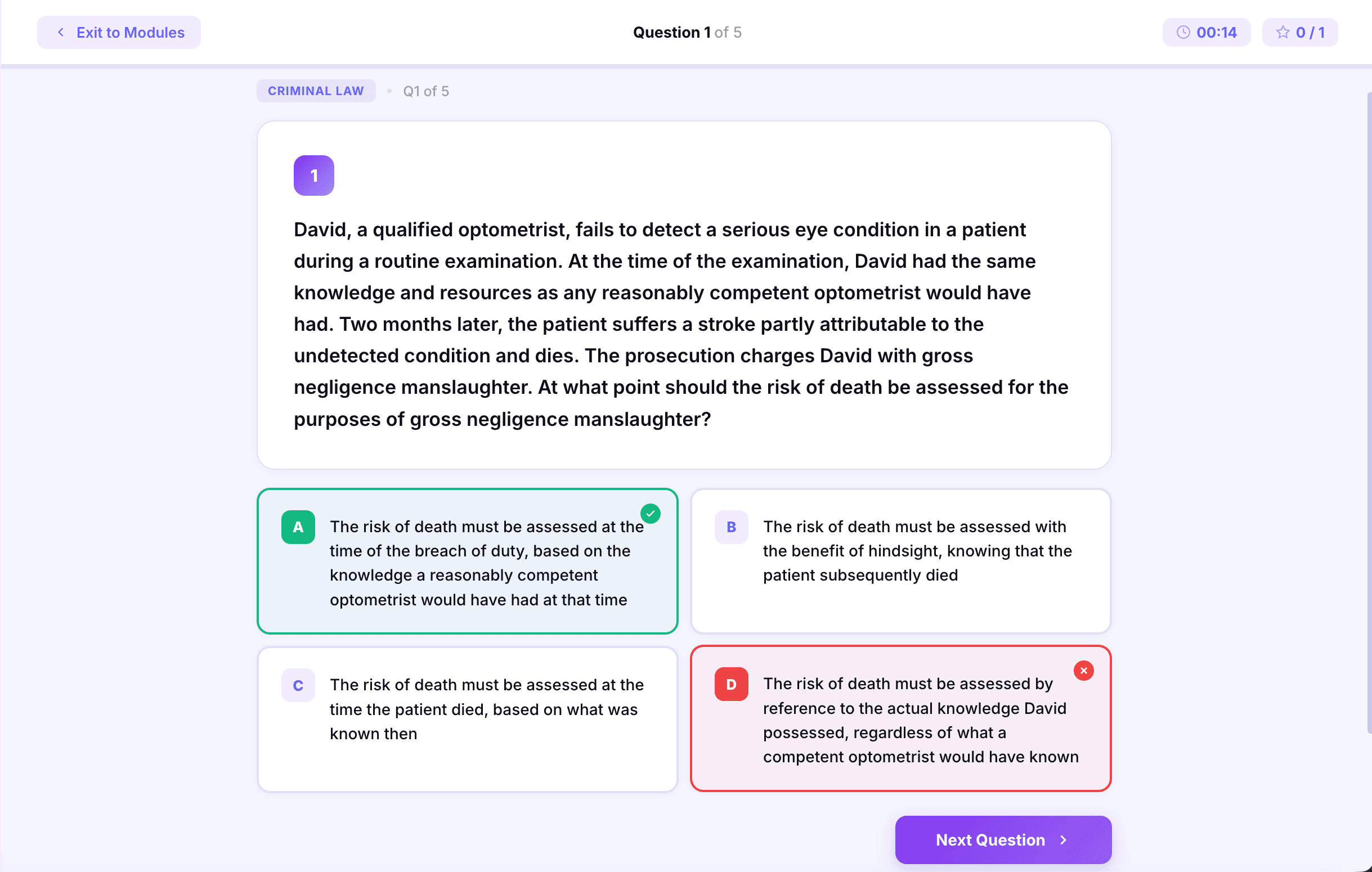 SBAQ practice question showing a criminal law scenario with answer options