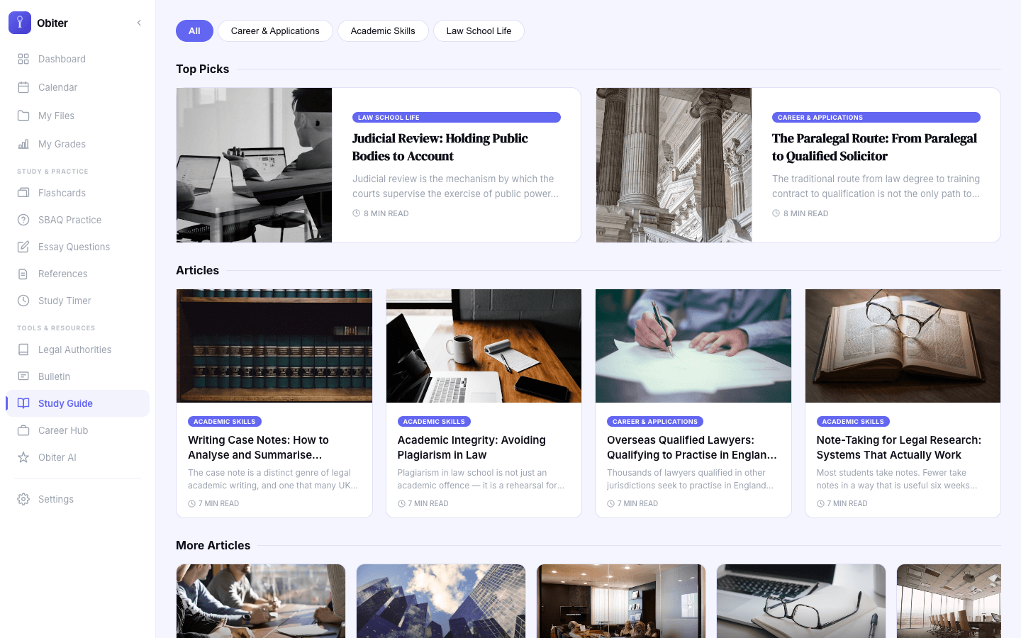 Study Guide showing category tabs and article grid