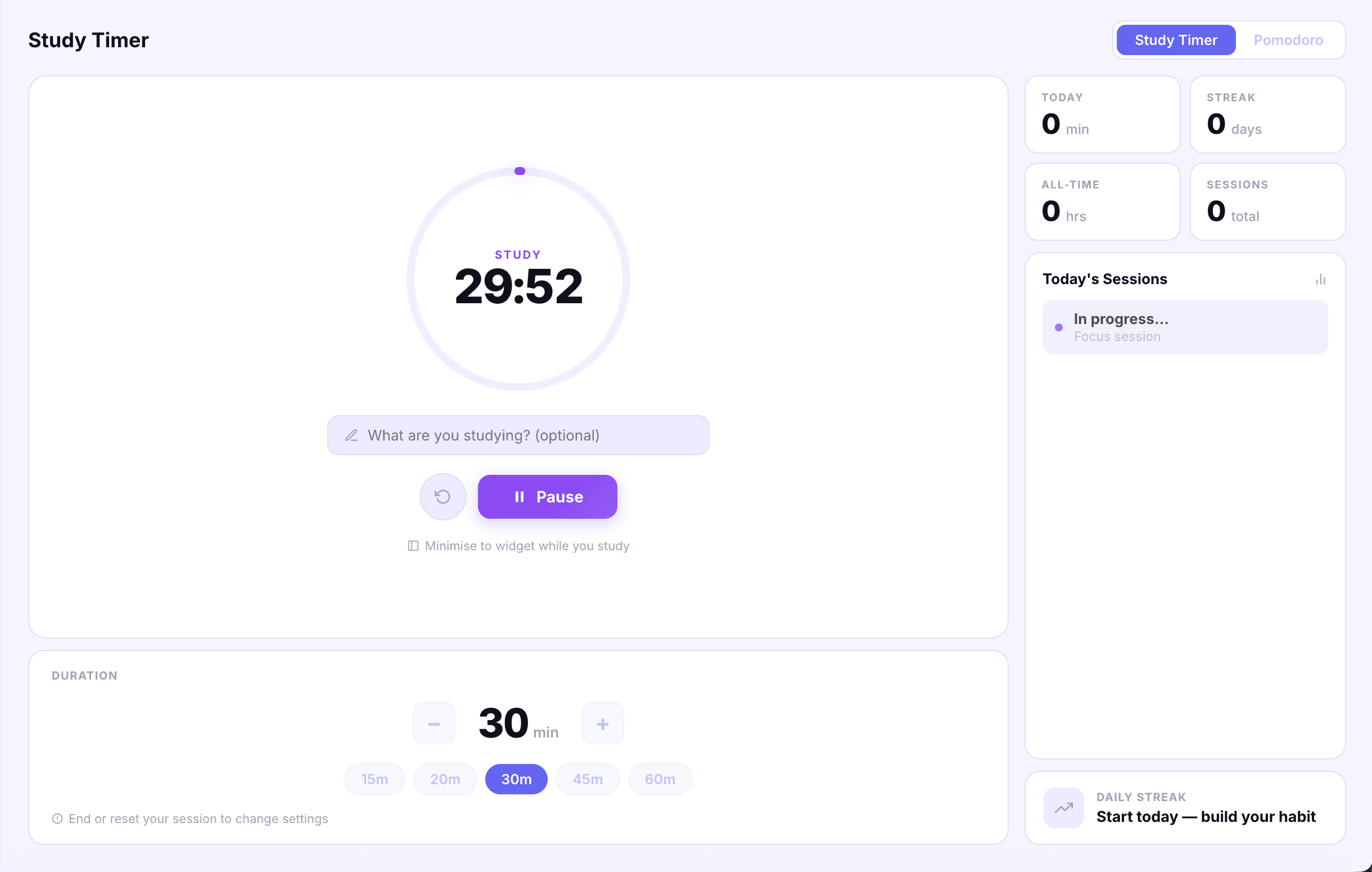 Study timer with Pomodoro session in progress