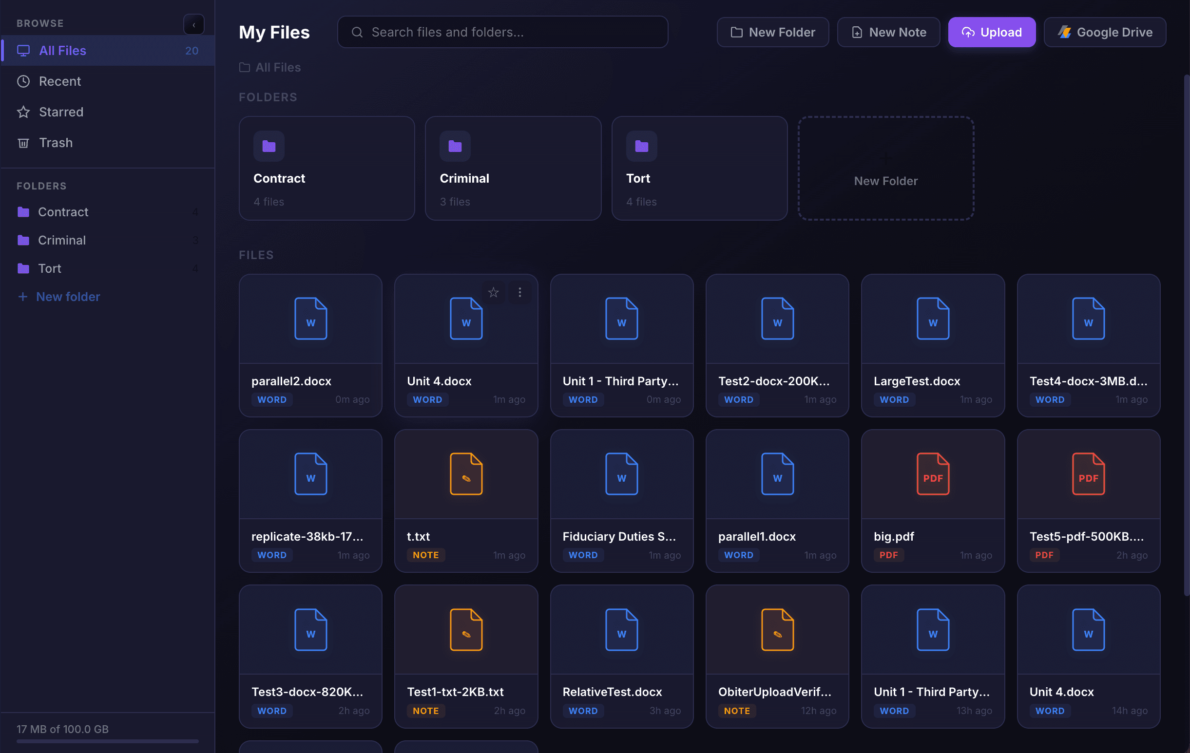 My Files showing folders and uploaded documents