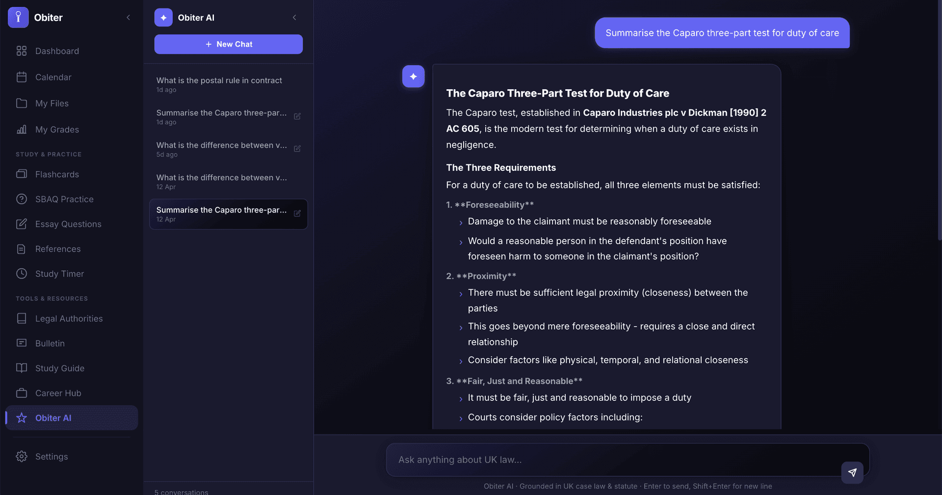 Obiter AI chat with grounded answer and visible citations