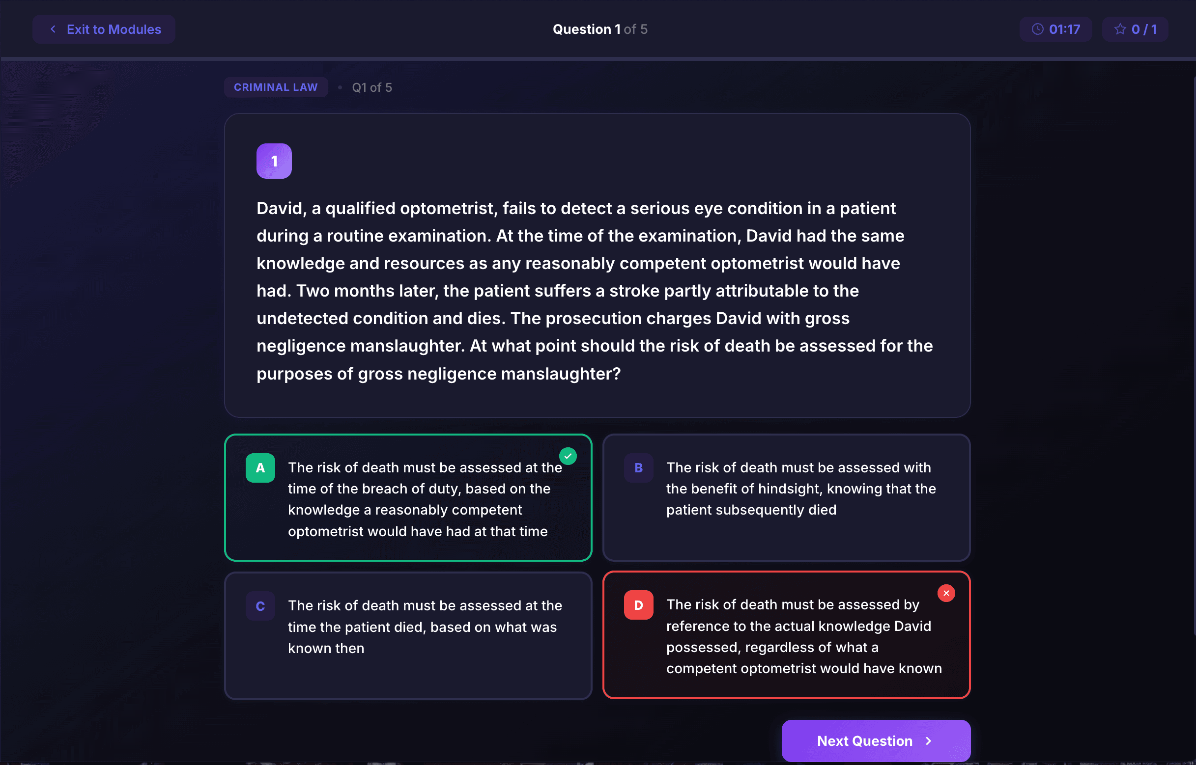 SBAQ practice question showing a criminal law scenario with answer options